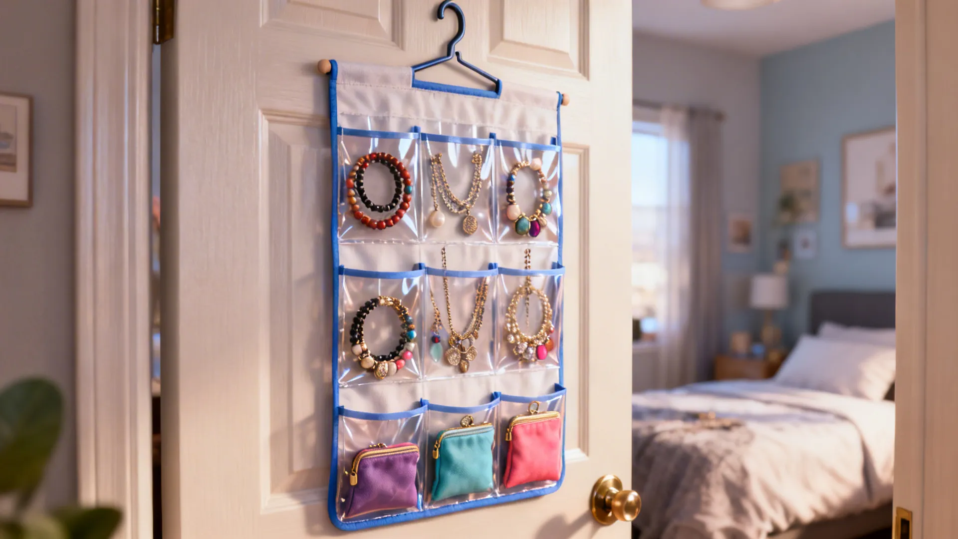 Clear over-the-door organizer with visible pockets holding costume jewelry and accessories.