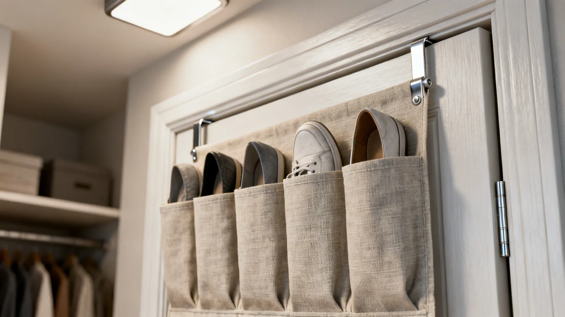 Fabric sling over-the-door organizer inside a closet holding shoes vertically.