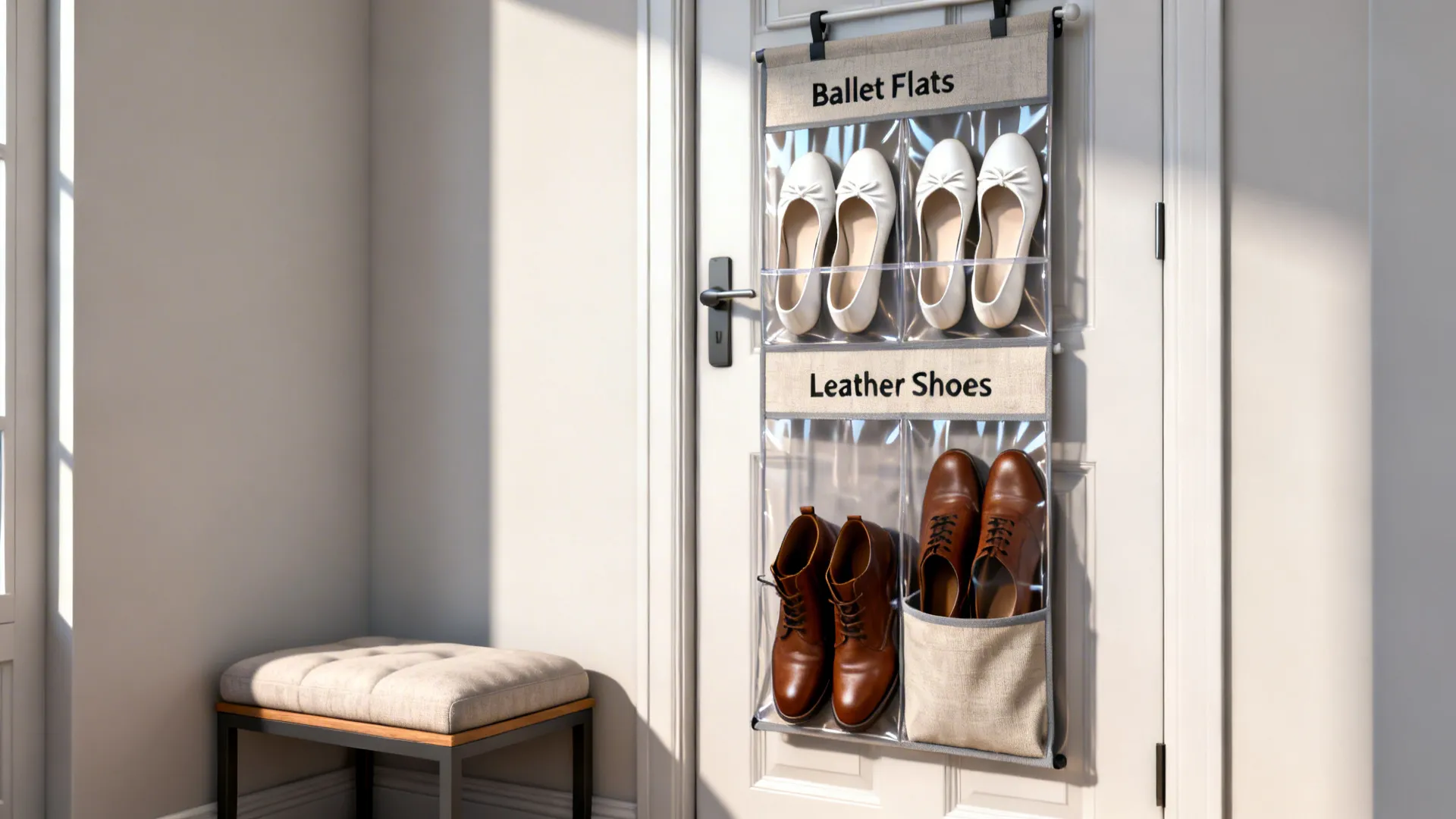 Over-the-door shoe organizer with clear and cushioned pockets above a slim bench