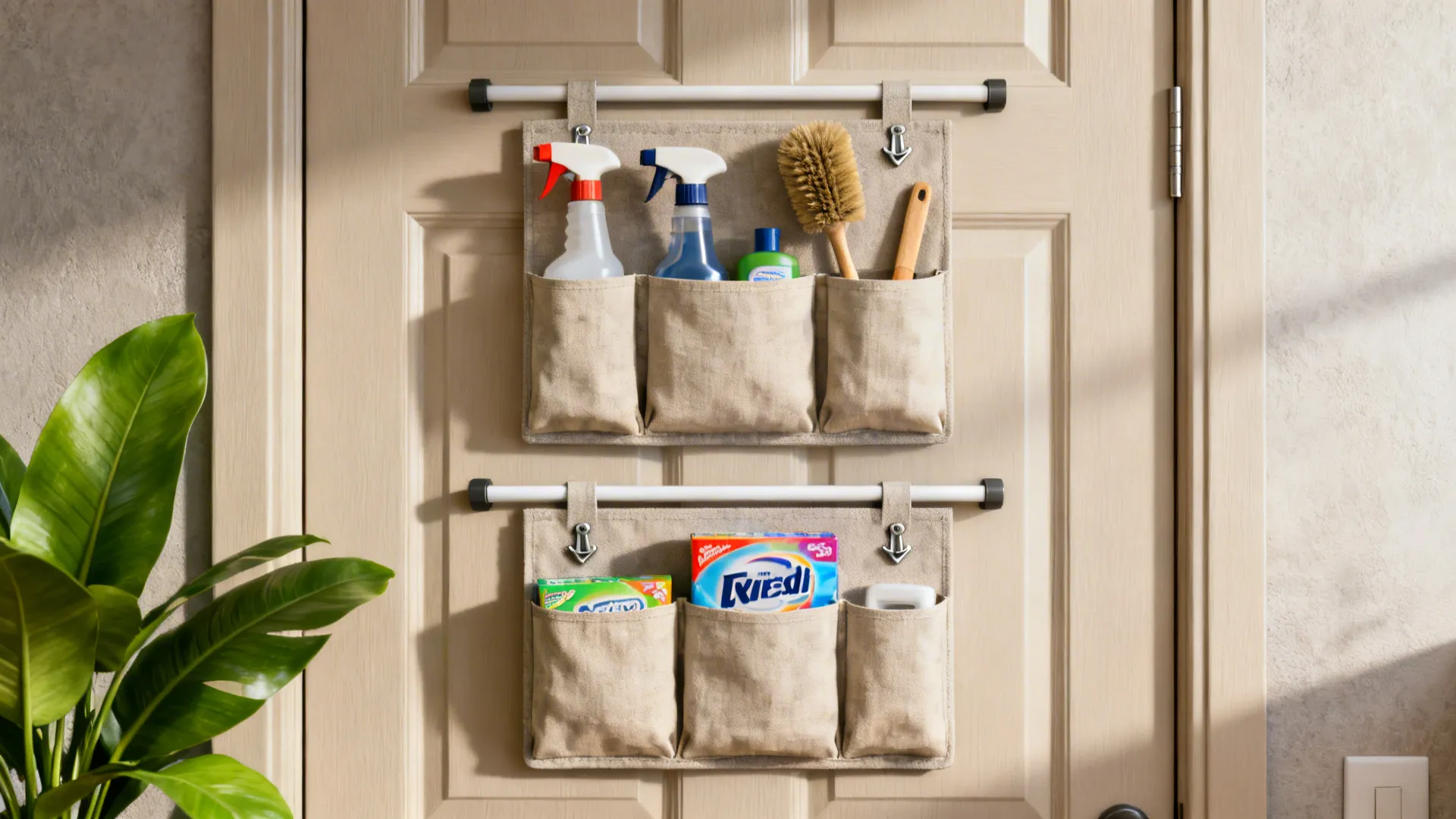 Over-the-door and wall-mounted organizers holding spray bottles and small laundry items