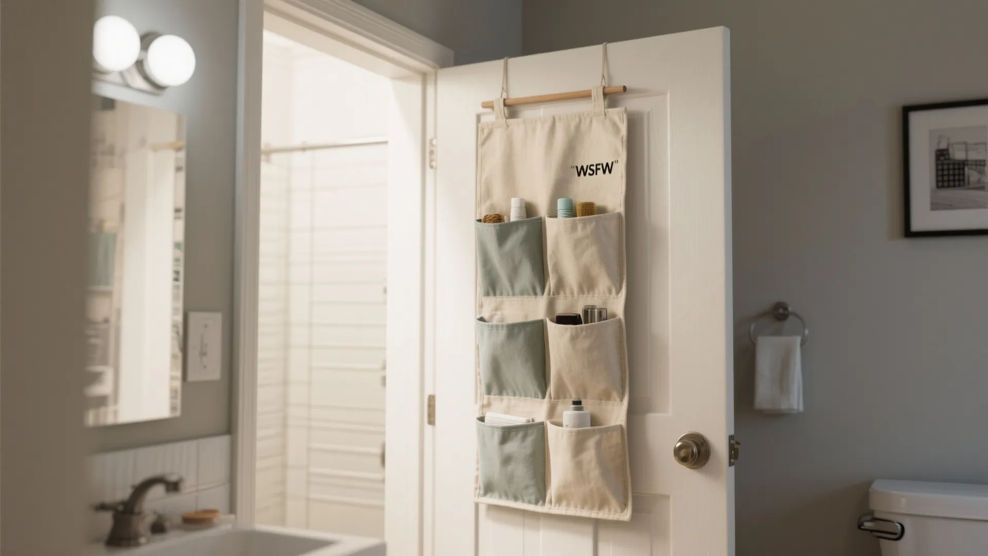 Hanging fabric storage pocket on white bathroom door containing various personal care products and toiletries