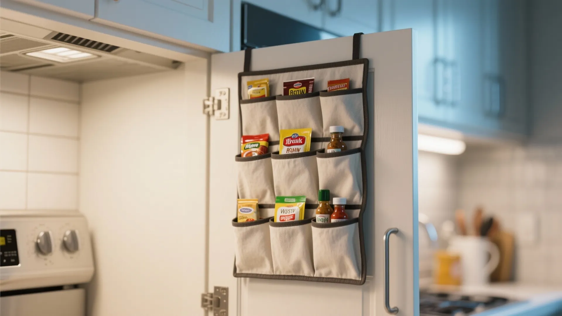 Over-the-door pocket organizer hung on a cabinet door holding spice packets and small bottles.