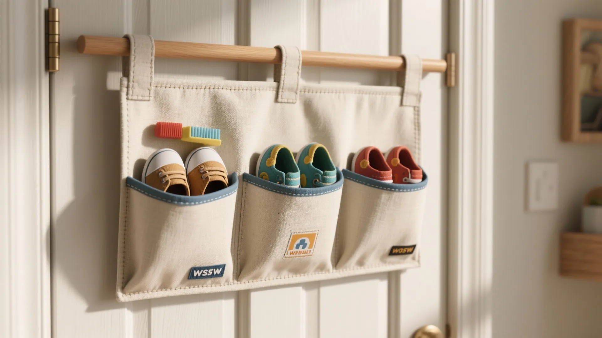Fabric hanging organizer with three pockets holding small colorful shoes on a white wooden door