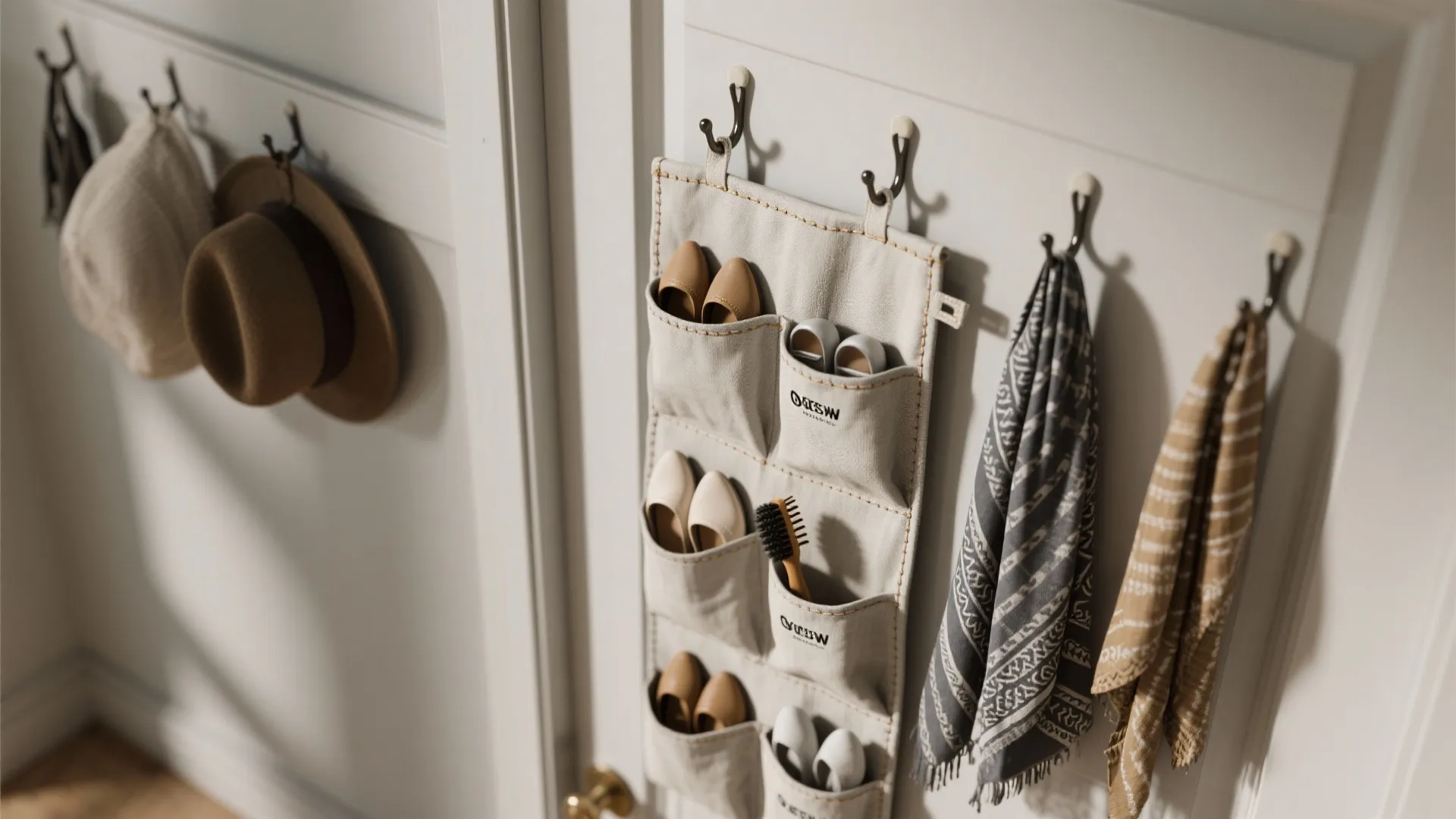 Close-up of over-the-door slim pockets and vertical organizer for scarves and flats.