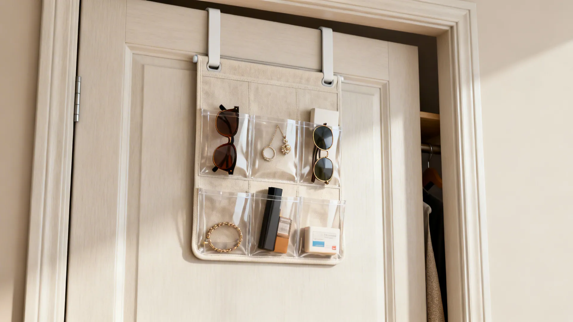 Over-the-door clear pocket organizer holding accessories and small items.