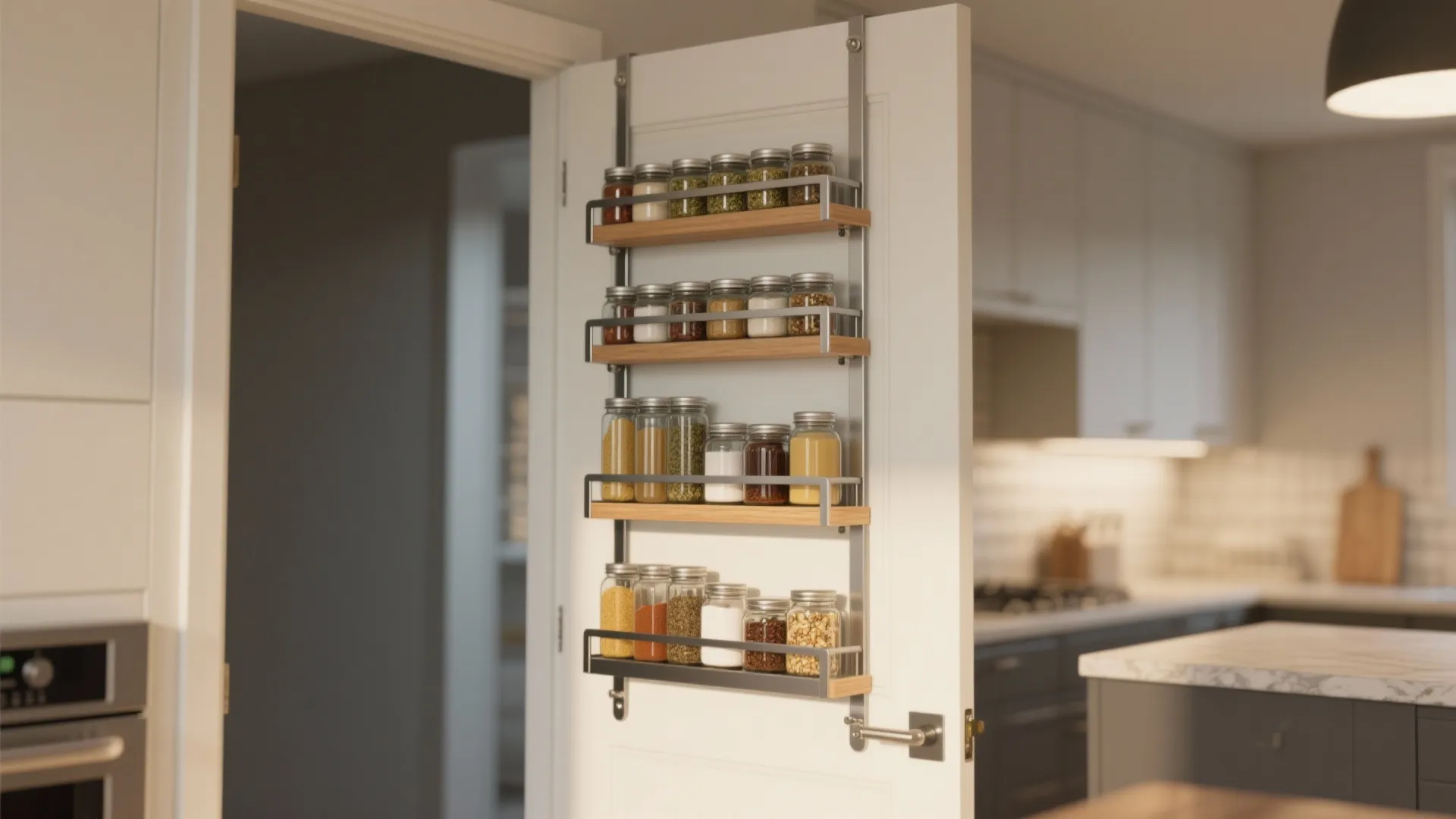 Over the door spice rack holding glass jars on a white door in a kitchen