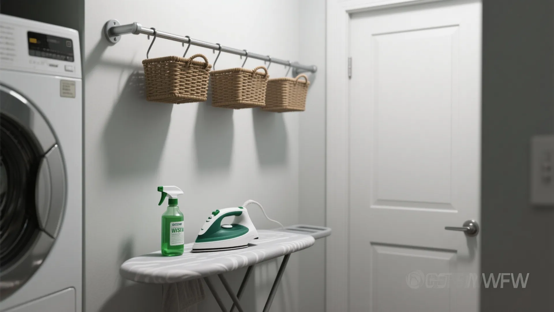 Laundry room with washing machine iron on board and three small baskets hanging on wall
