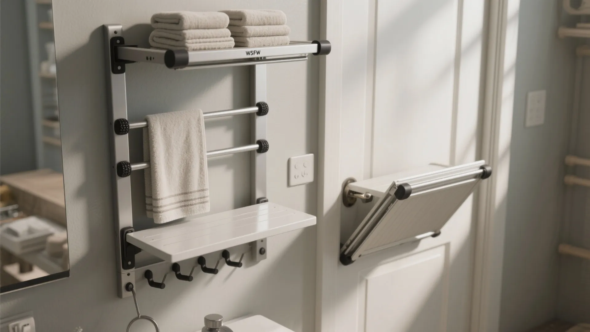 Wall mounted silver rack with white towels black hooks and a white small folding storage