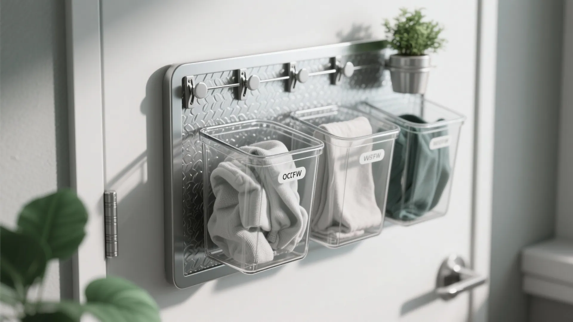 Door mounted storage rack with three clear plastic bins holding folded clothes and small plant