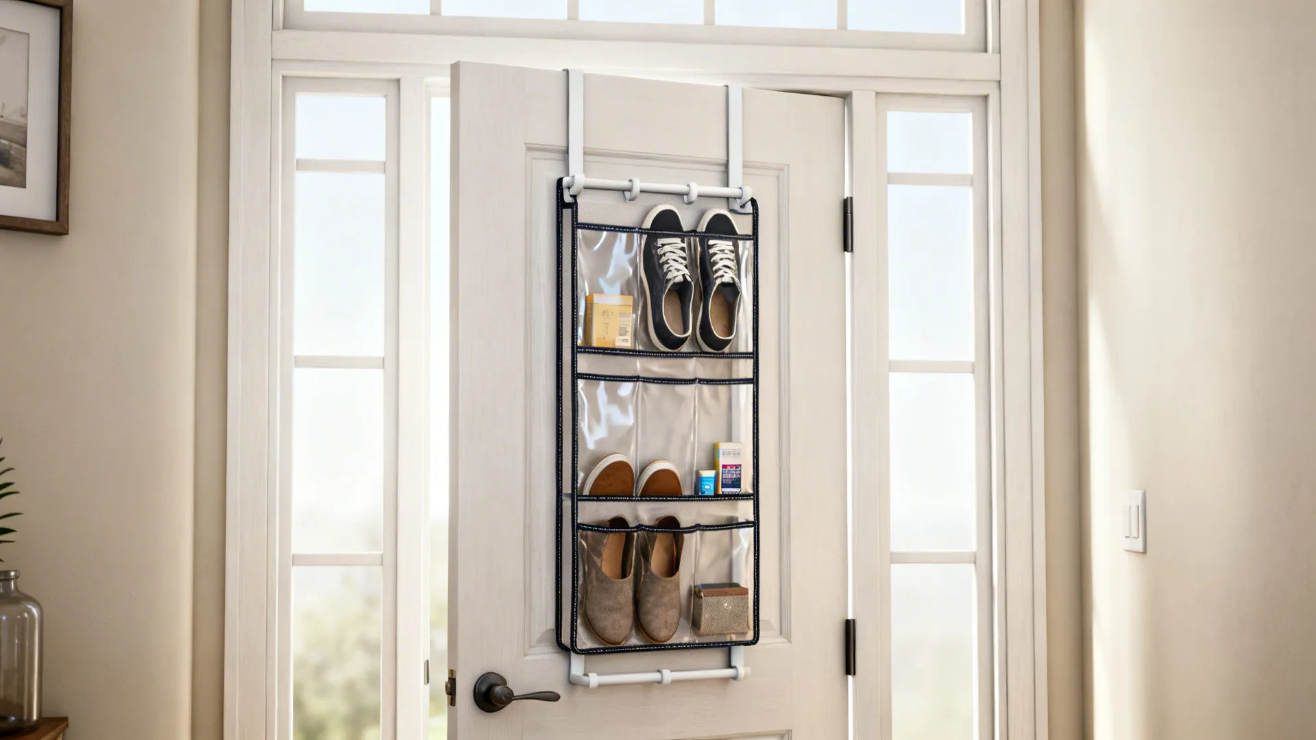 Over-the-door slim storage pockets reclaiming vertical space behind an entry door.