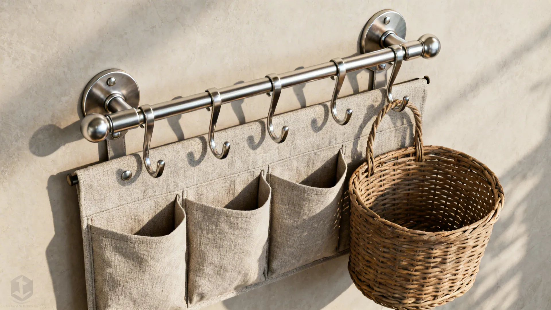 Over-the-door pockets, multi-hook towel bar and hanging baskets in matching hardware finishes