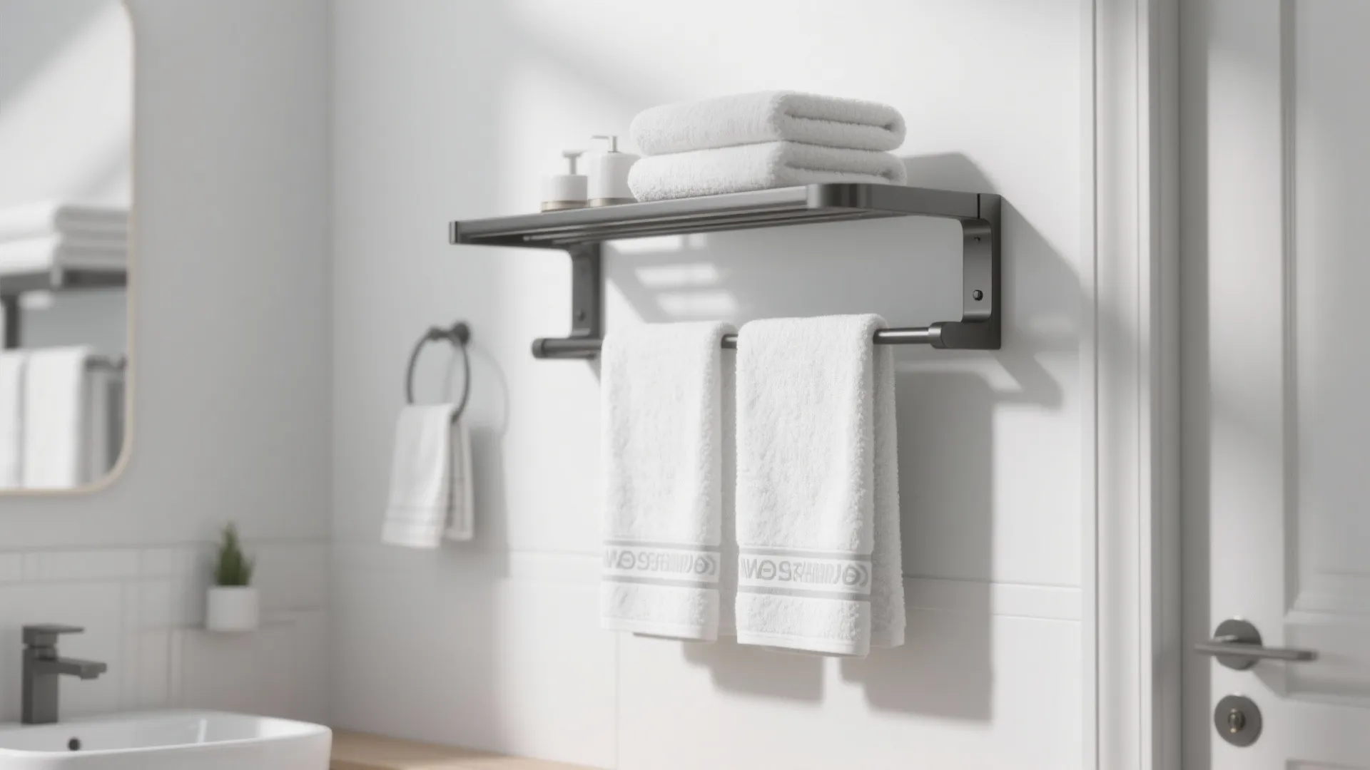 Black wall towel rack with folded white towels and hanging towels in a bright modern bathroom