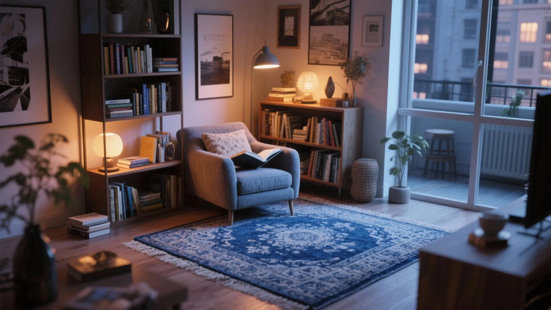 Cozy reading corner with a blue pattern rug grey sofa bookshelf and warm lamp light
