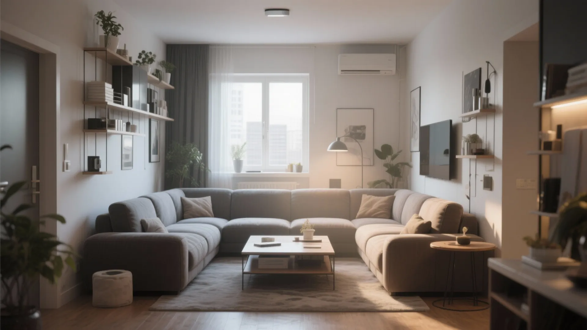 Modern living room with large grey sectional sofa wooden coffee table wall shelves and natural light