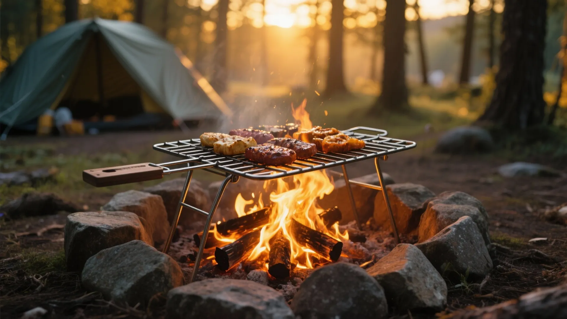Outdoor camping scene with food cooking on a metal grill over a bright burning campfire