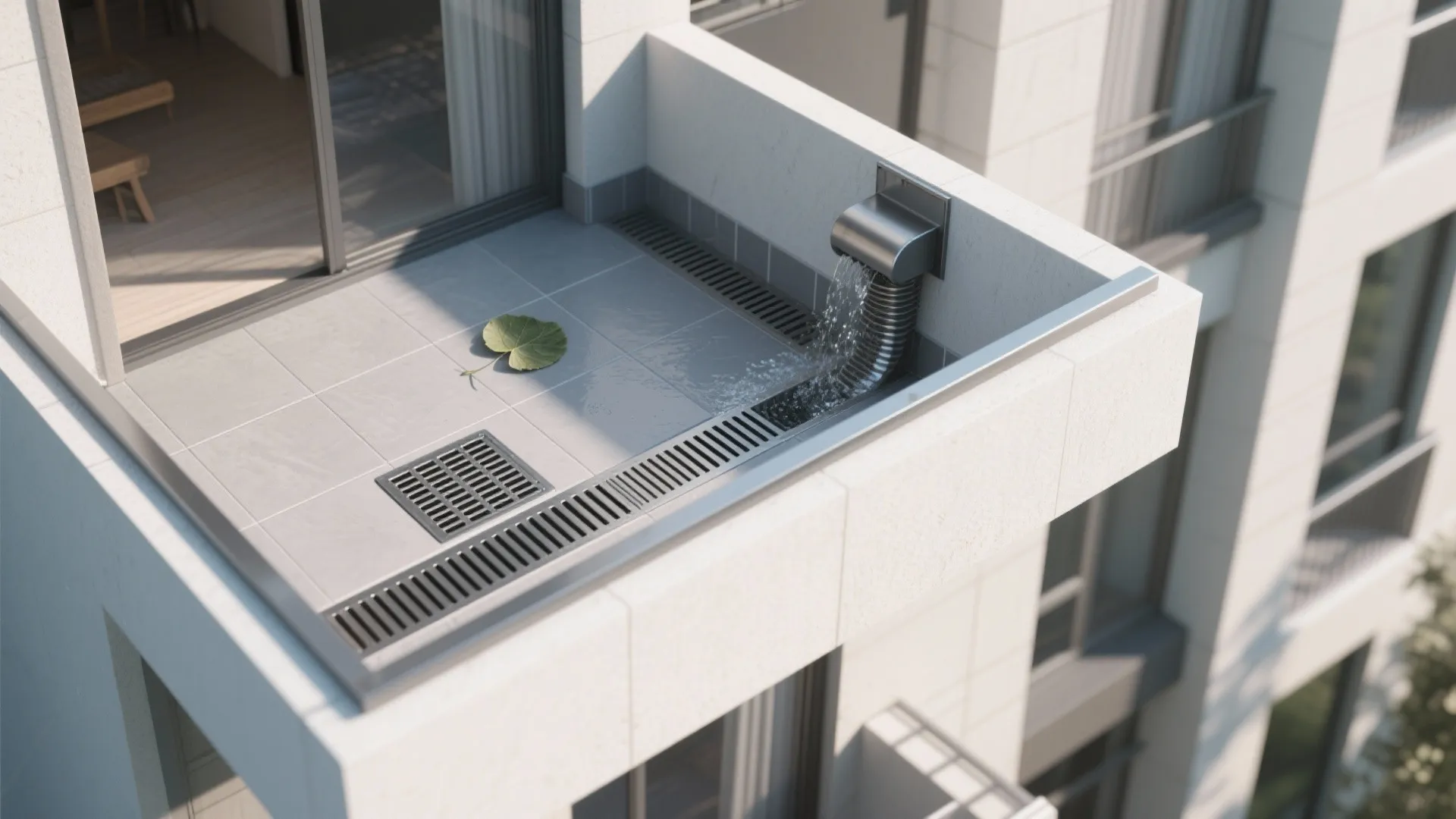 High rise apartment balcony with water drainage system showing metal floor grates and water pipe flow