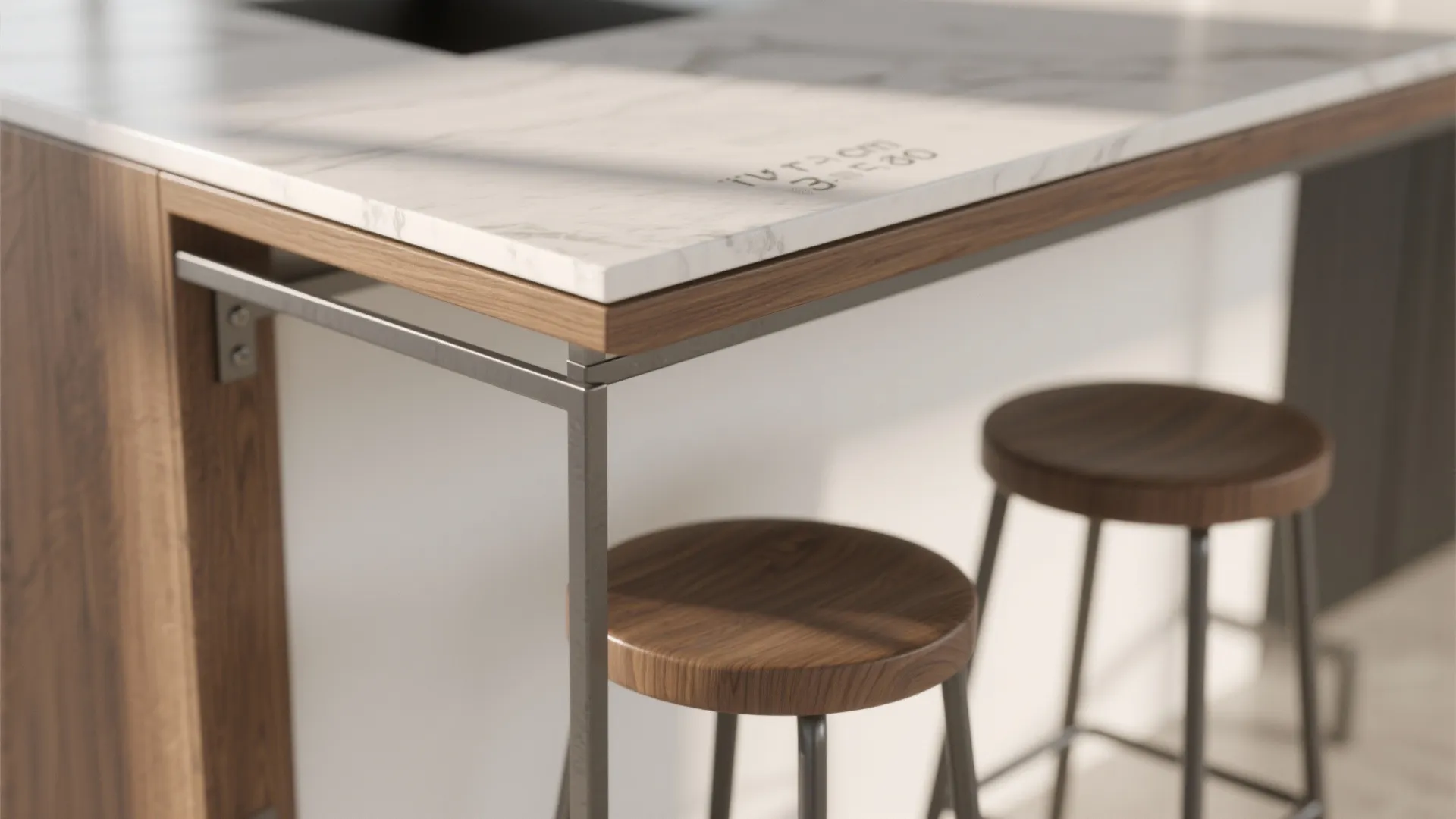 Close up view of white marble counter top with wooden edge and two round wooden stools