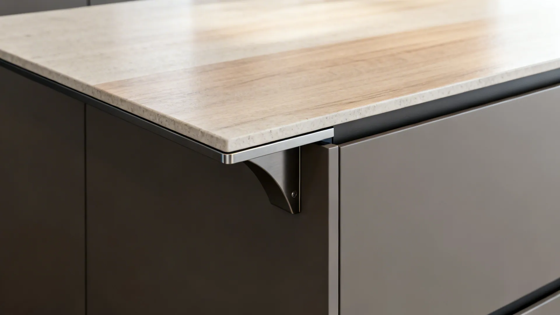 Macro of concealed bracket supporting a slim island overhang beneath a light countertop.