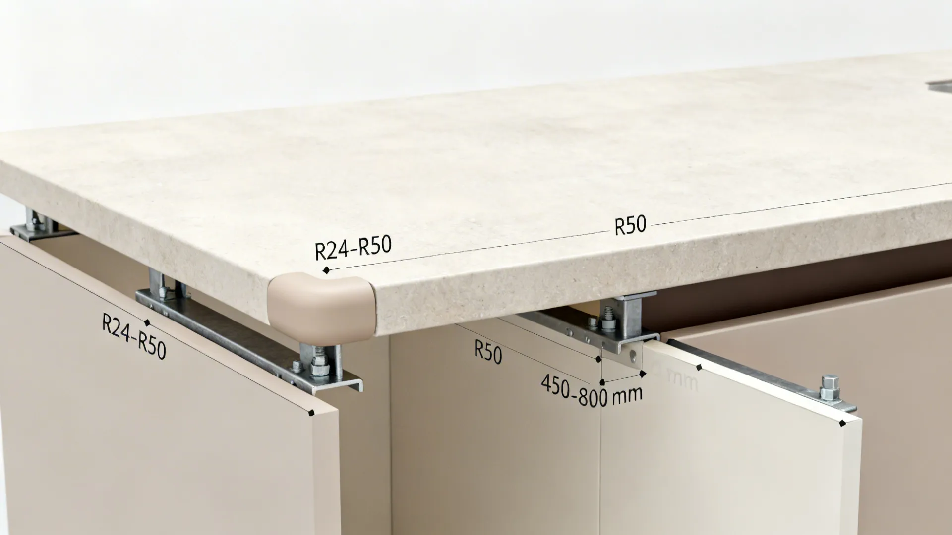 Top-down cutaway showing rounded overhang and concealed brackets spaced along solid backing.