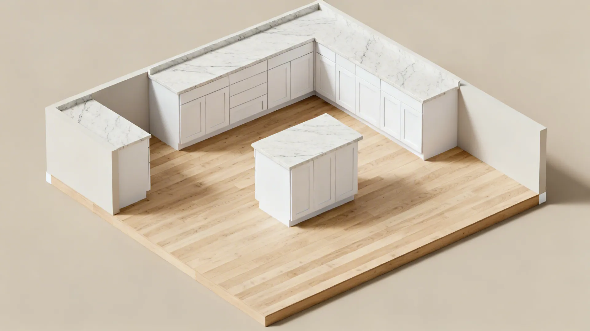 Top-down render illustrating countertop overhangs and clearances in a small kitchen.