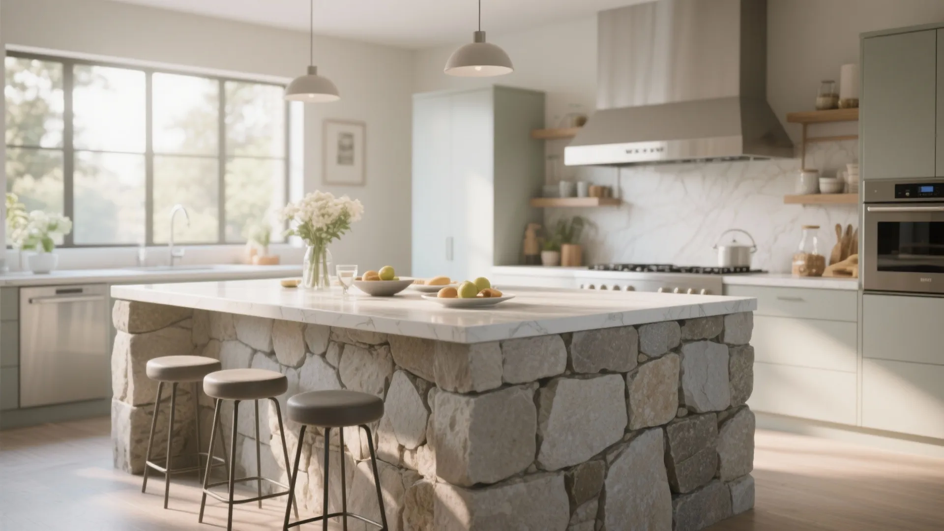 Modern kitchen with large stone island bar stools ceiling light white cabinets and natural window light