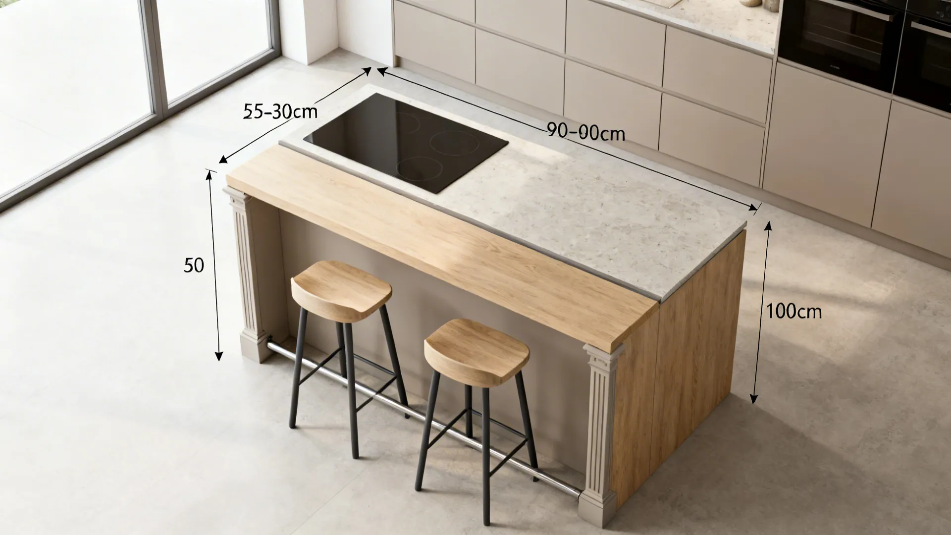 Top-down view showing optimized island overhangs and clear aisles with slim stools.