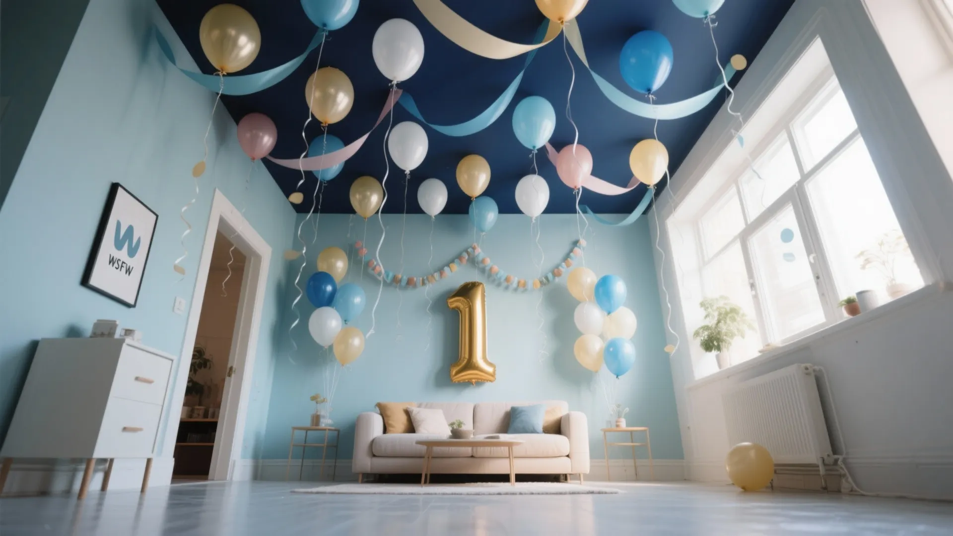 Overhead Magic: Ceiling Balloons, Streamers, and a Statement “1”