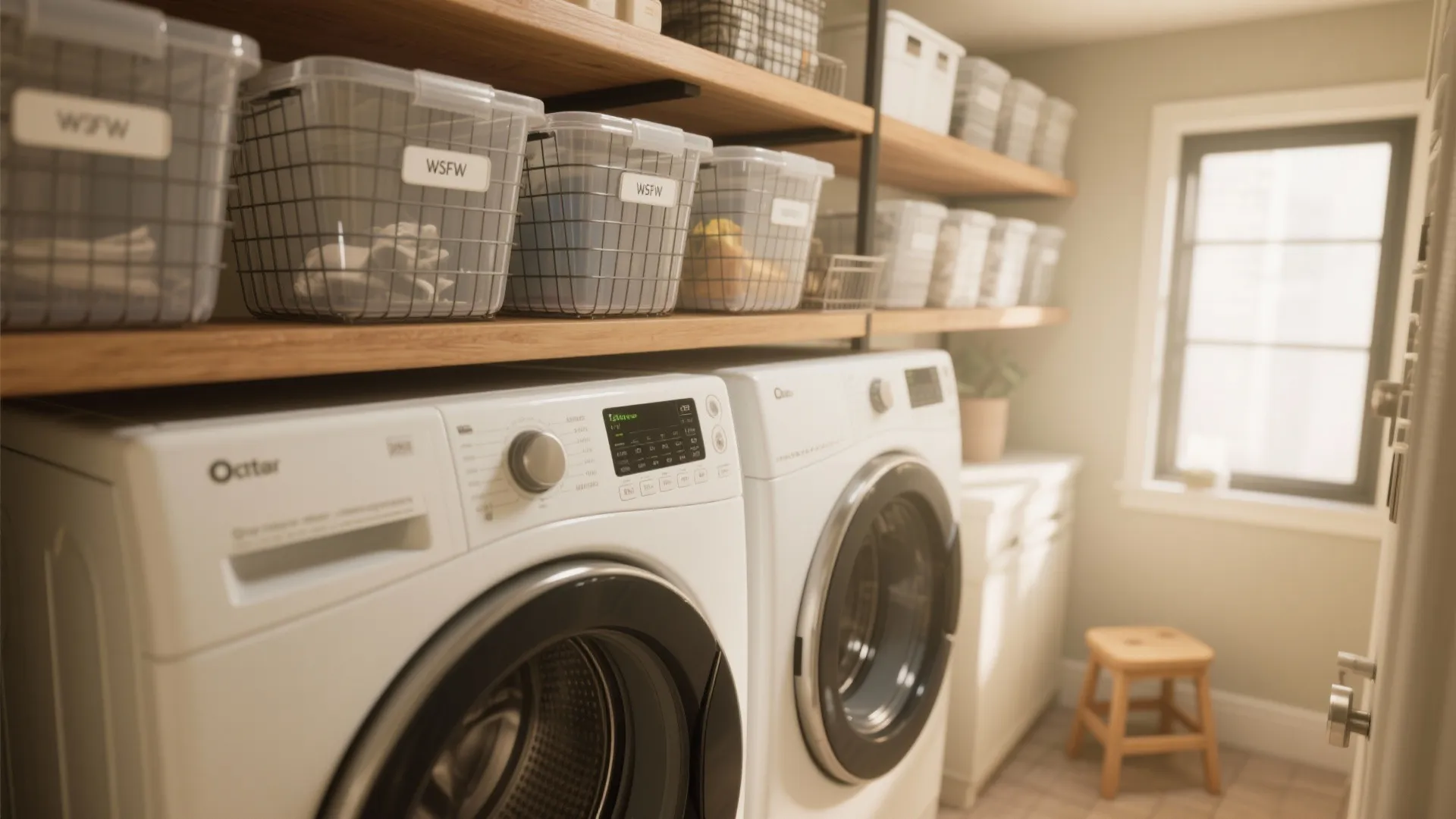 2. Overhead baskets and labeled bins