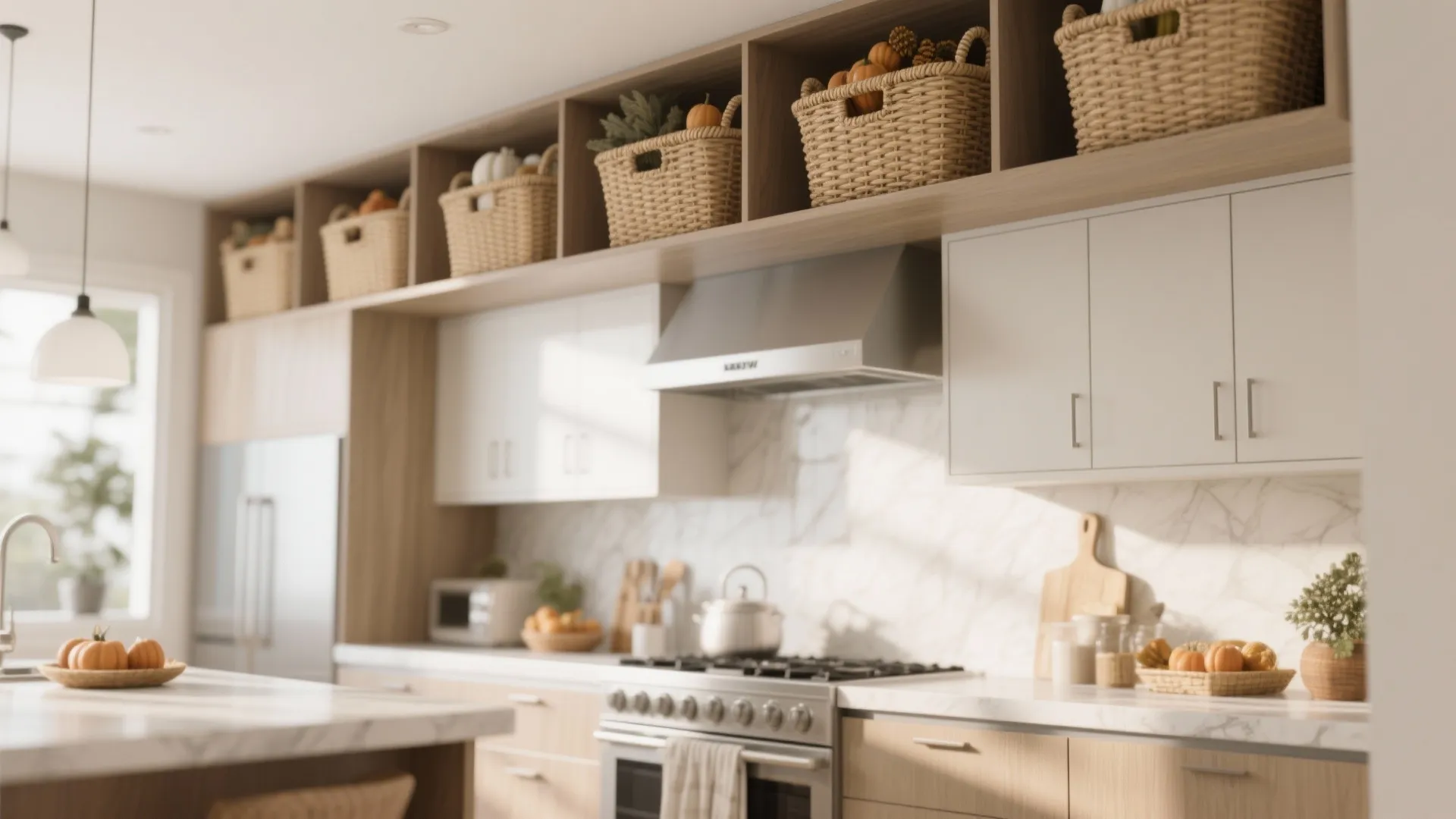 Modern kitchen with white cabinets and woven baskets stored in open shelves above the stove