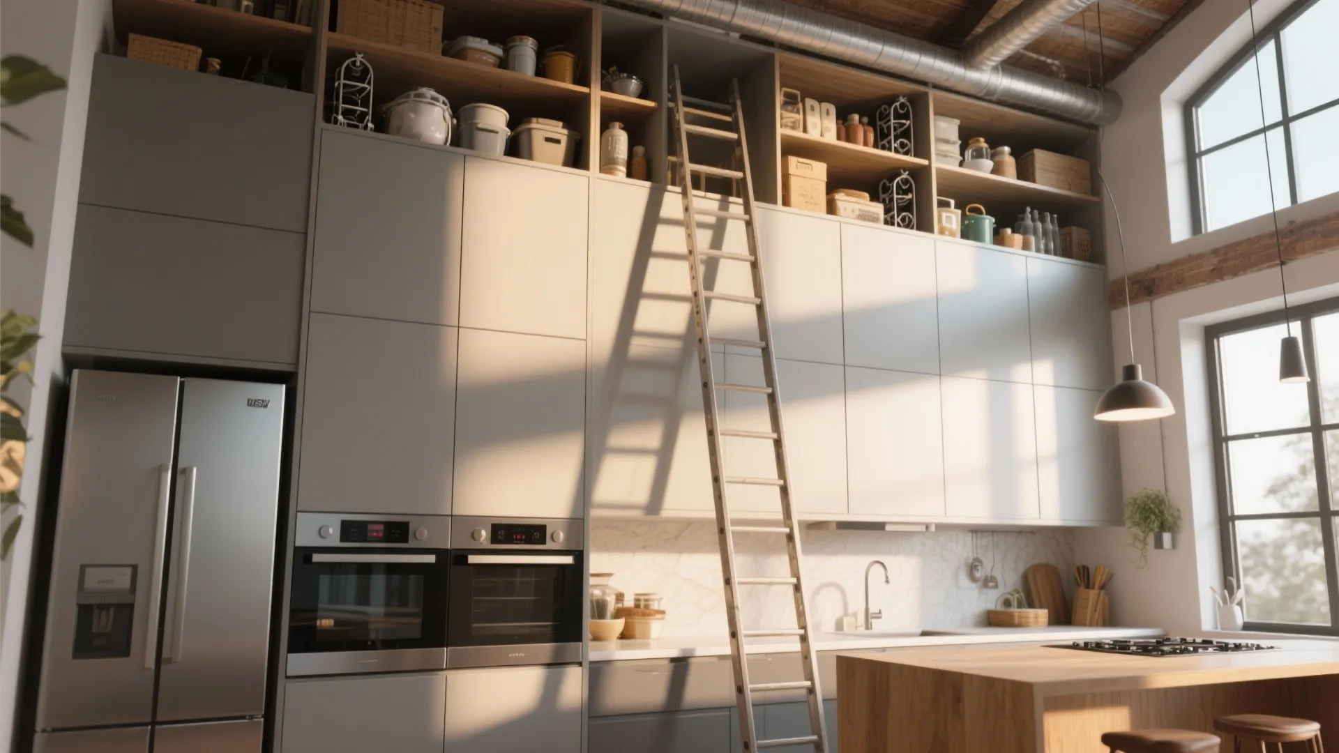 Modern gray kitchen cabinets with tall overhead extensions and metal ladder for reaching high storage