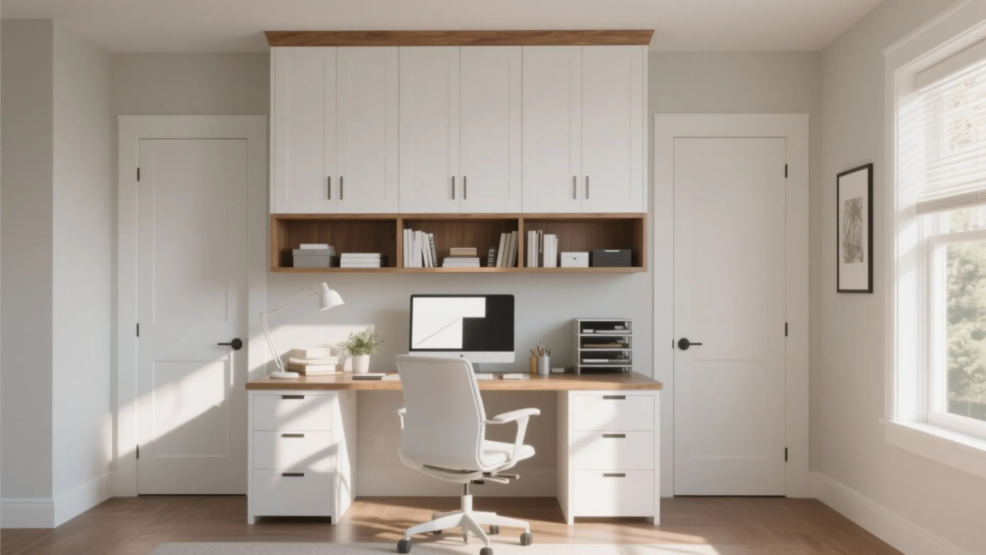 Home office setup with white wall cabinets wooden desk computer chair and bright window light