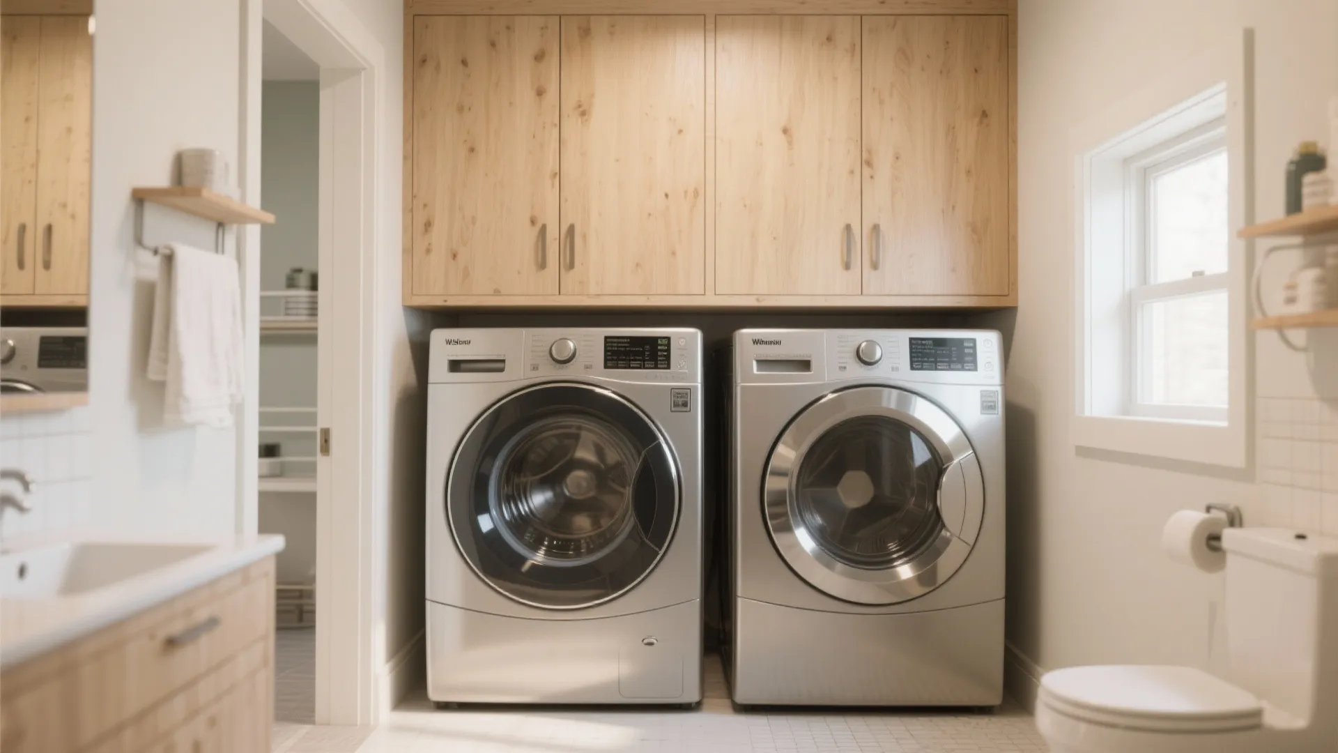 Two silver washing machines side by side under light wood overhead cabinets in bright room