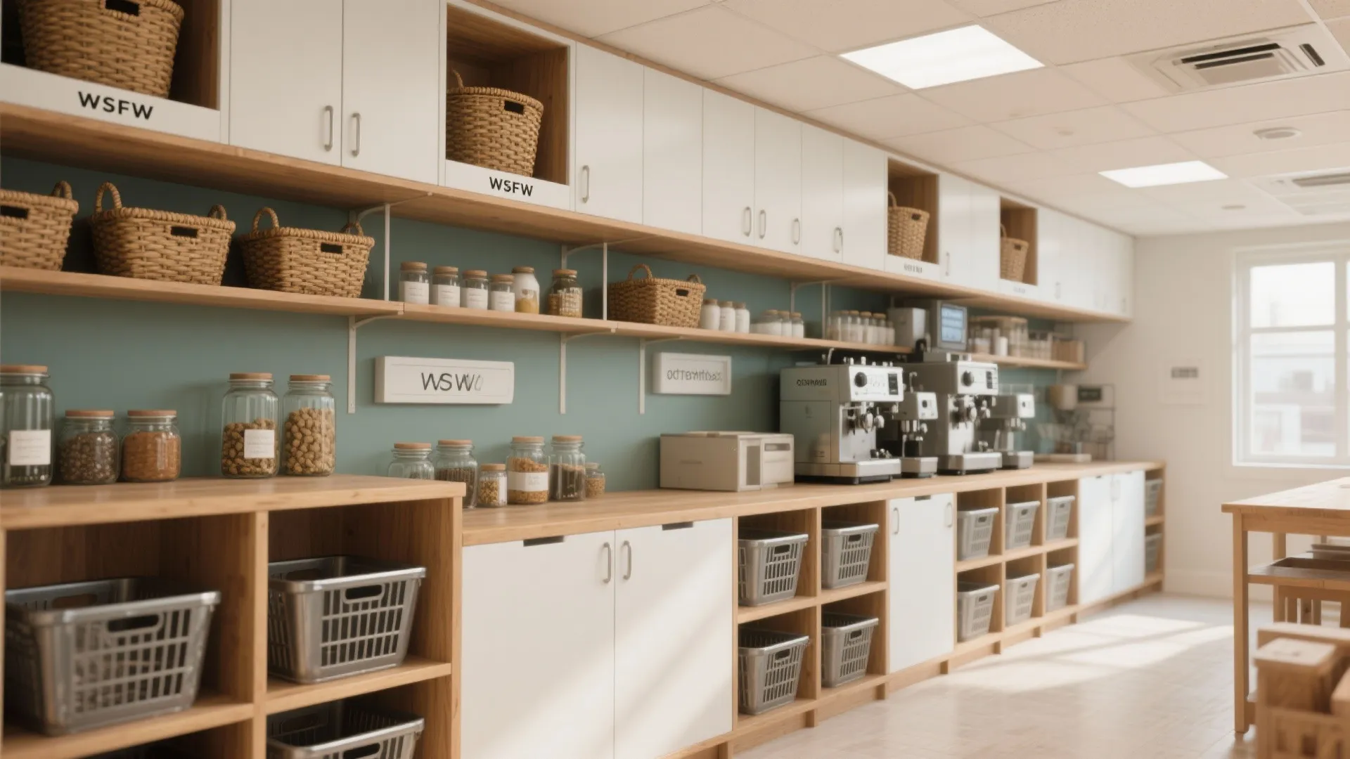 Ceiling-high cabinets with woven baskets and a contrasting back panel to separate pantry and laundry zones