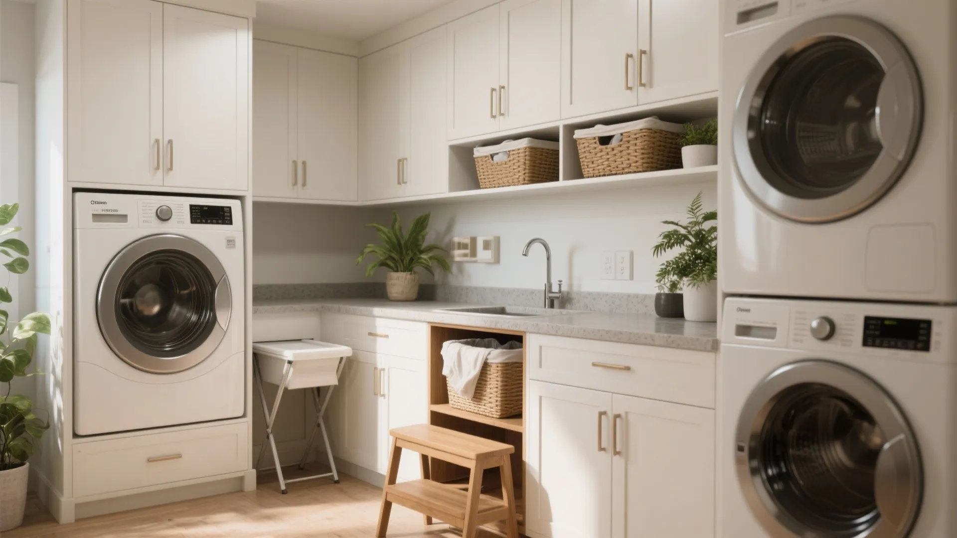 Modern laundry room with white cabinets washing machine dryer wood step stool and small green plants