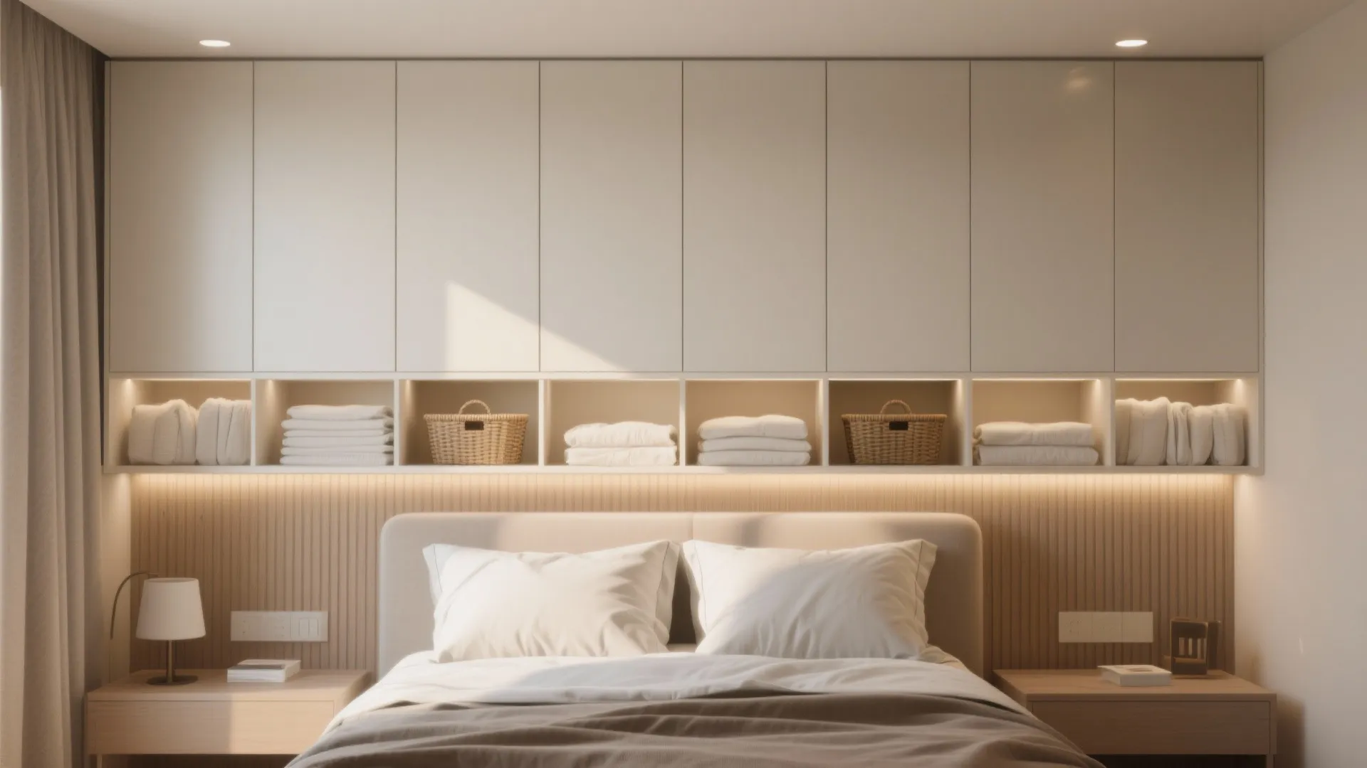 Light-colored wall-to-wall overhead cabinets above a bed with integrated lighting and open shelving gaps.