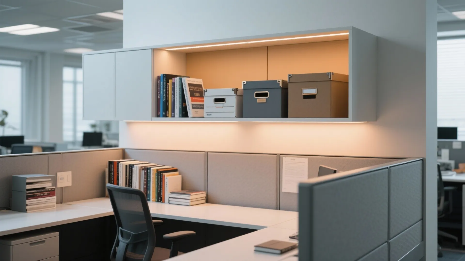 Modern office workstation with white desk and hanging cabinet containing books and small storage boxes
