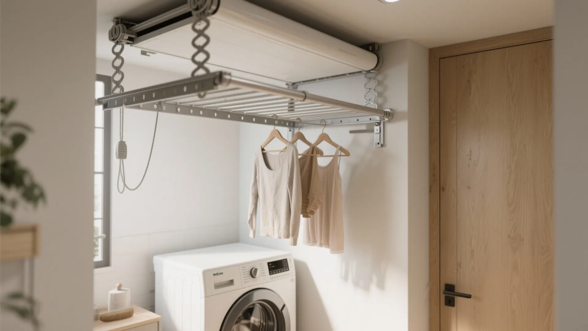 Modern laundry room with washing machine and ceiling mounted drying rack holding clothes on hangers