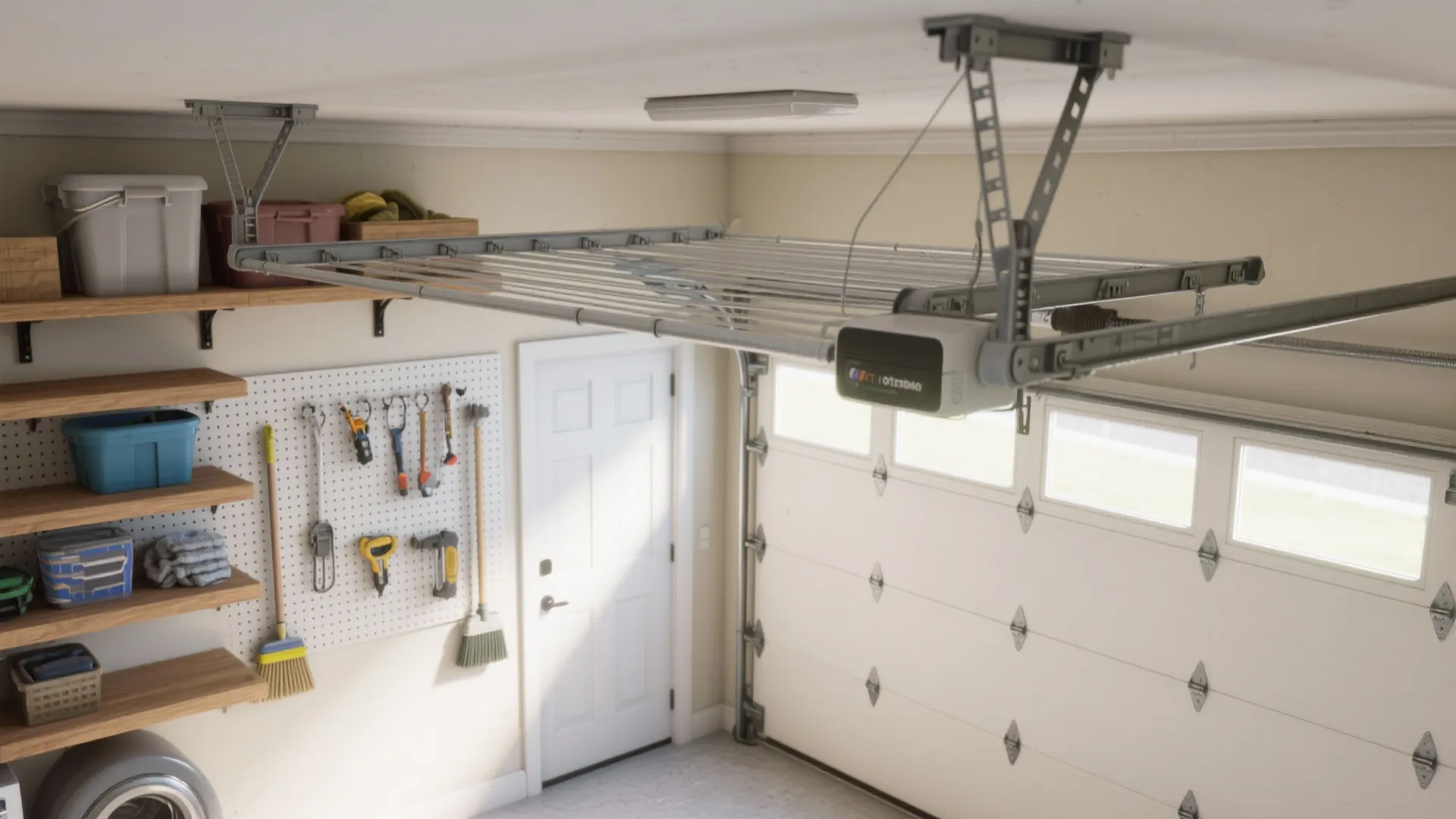 Top-down view of overhead retractable drying racks, shelves and pegboard in a garage laundry to maximize floor space.