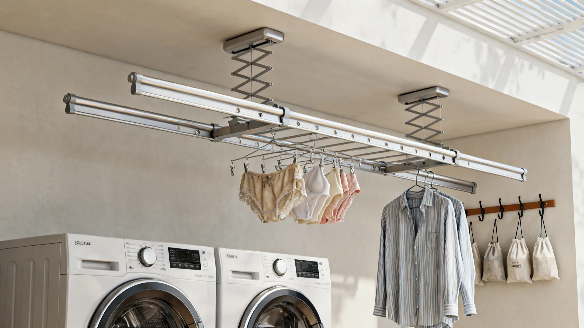 Ceiling metal drying rack with hanging clothes above two white washing machines in laundry room