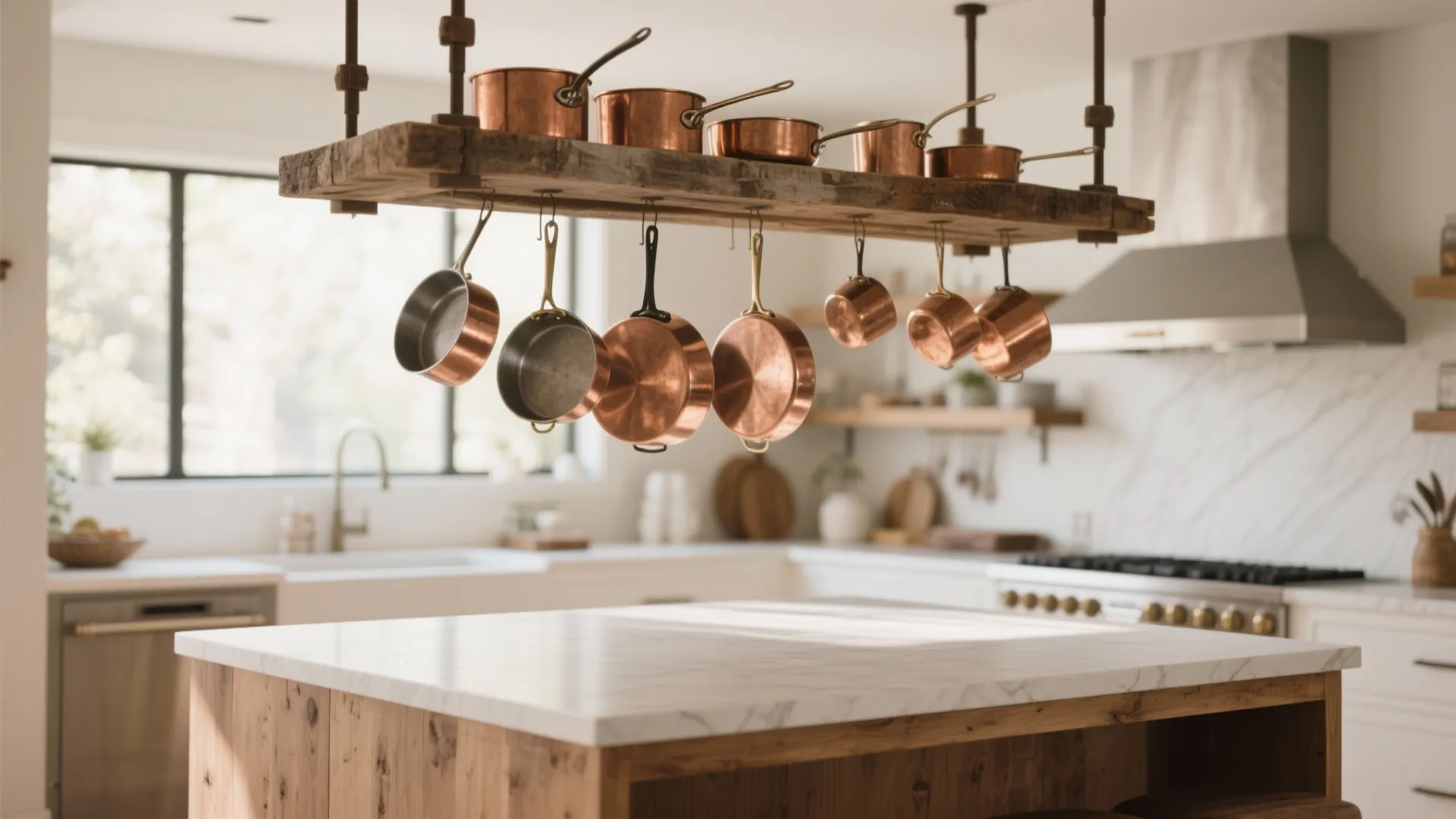 Rustic wooden ceiling rack with hanging copper pots and pans over a marble kitchen island