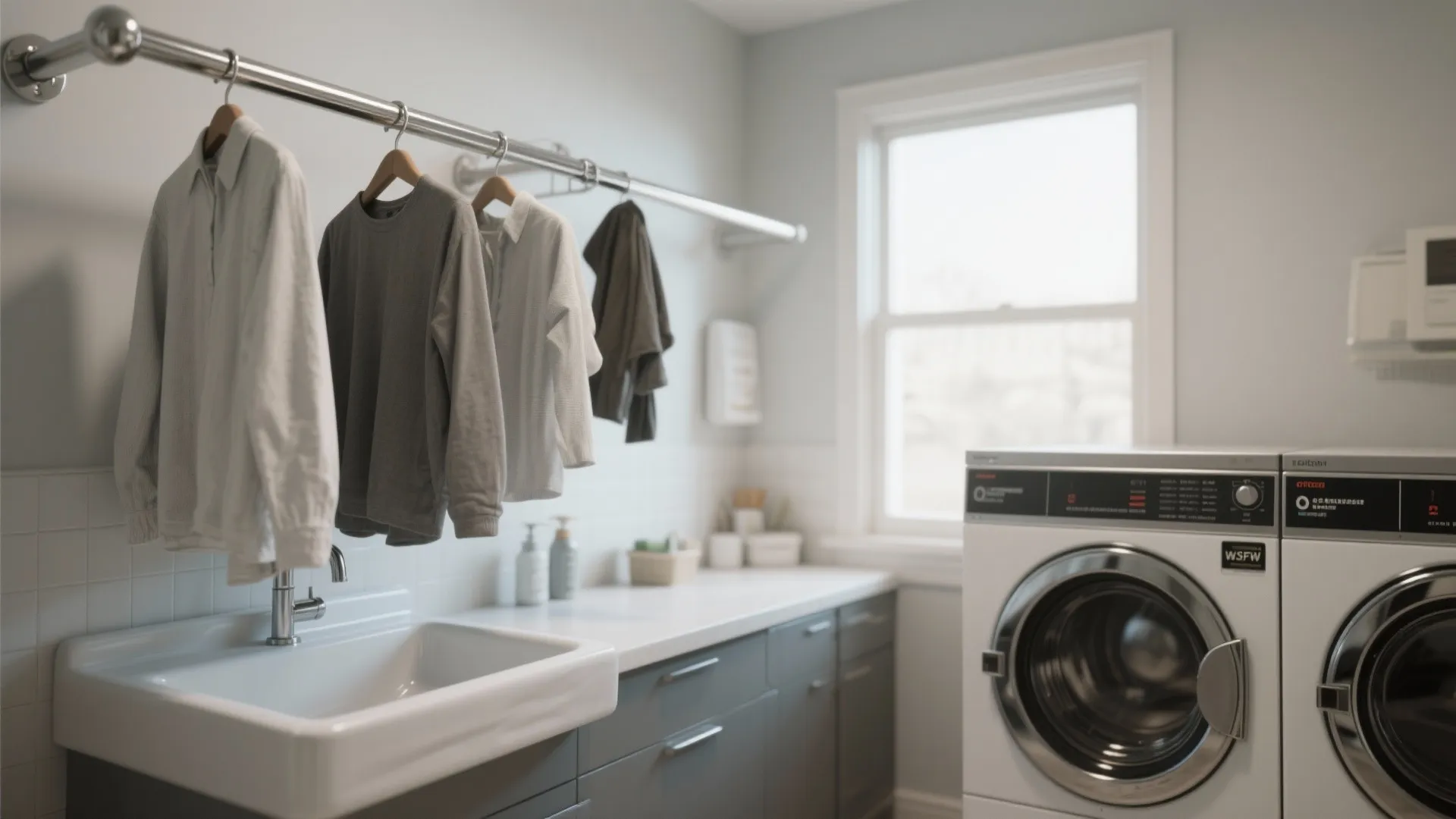 Clean laundry room with clothes hanging on metal rod above white sink and washing machines