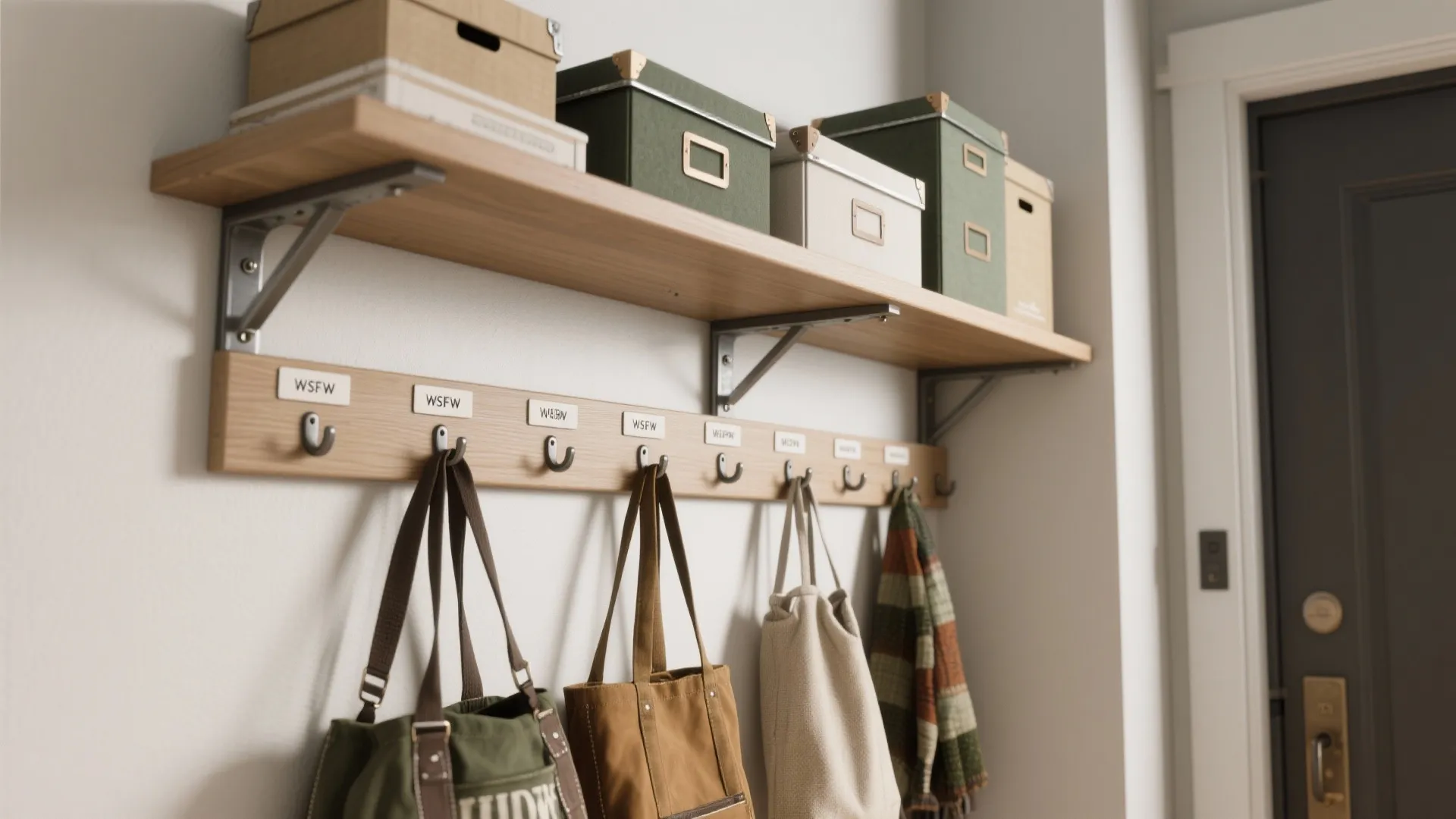 3. Overhead shelf plus labeled hooks (best for vertical stacking)