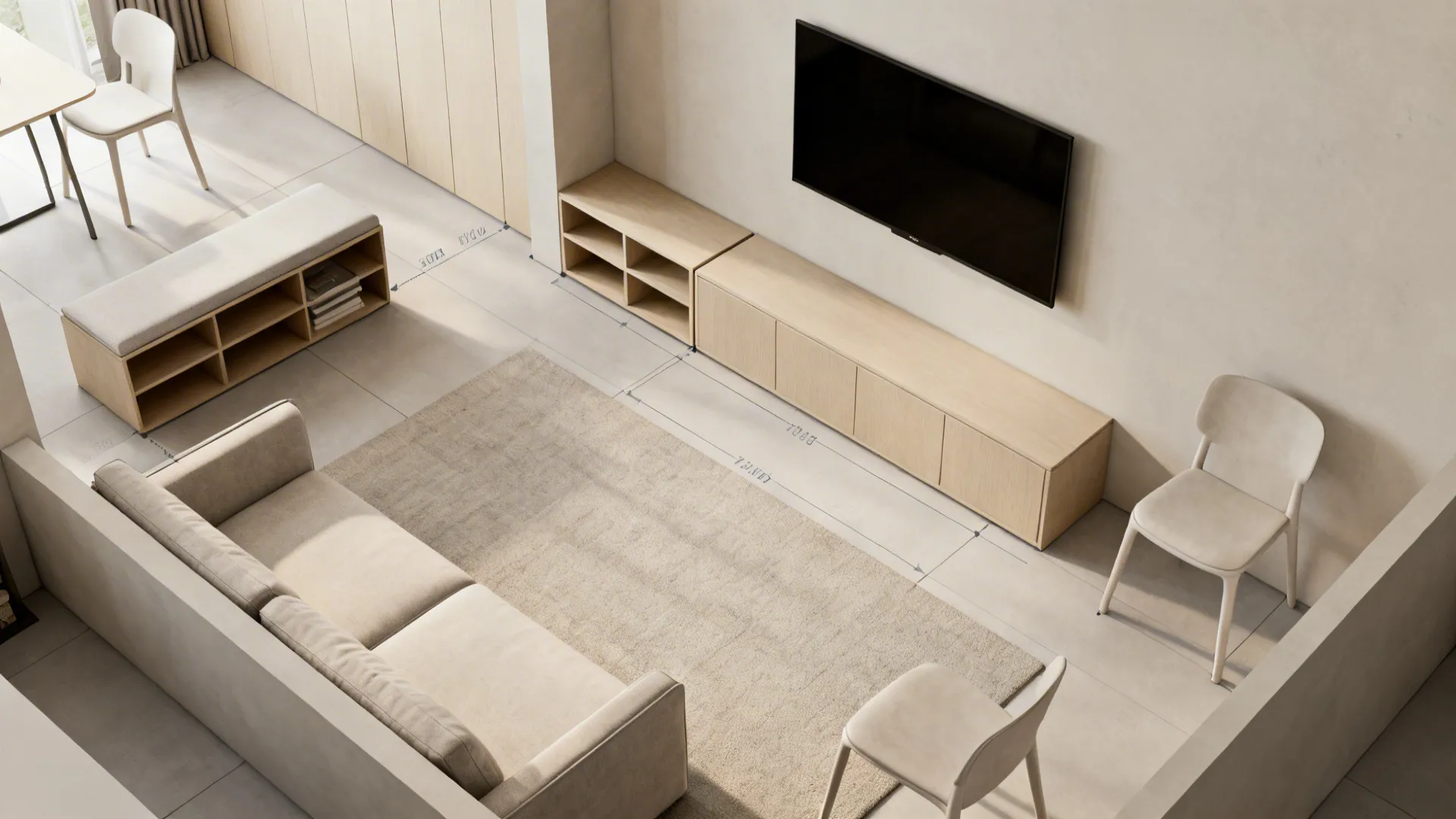 Overhead layout plan of a small living room showing furniture placement and clearances.