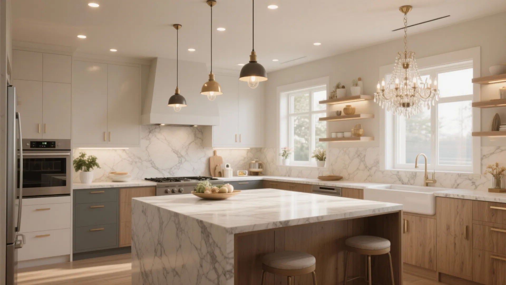 Bright kitchen featuring marble island wood cabinets large ceiling light and several hanging light fixtures