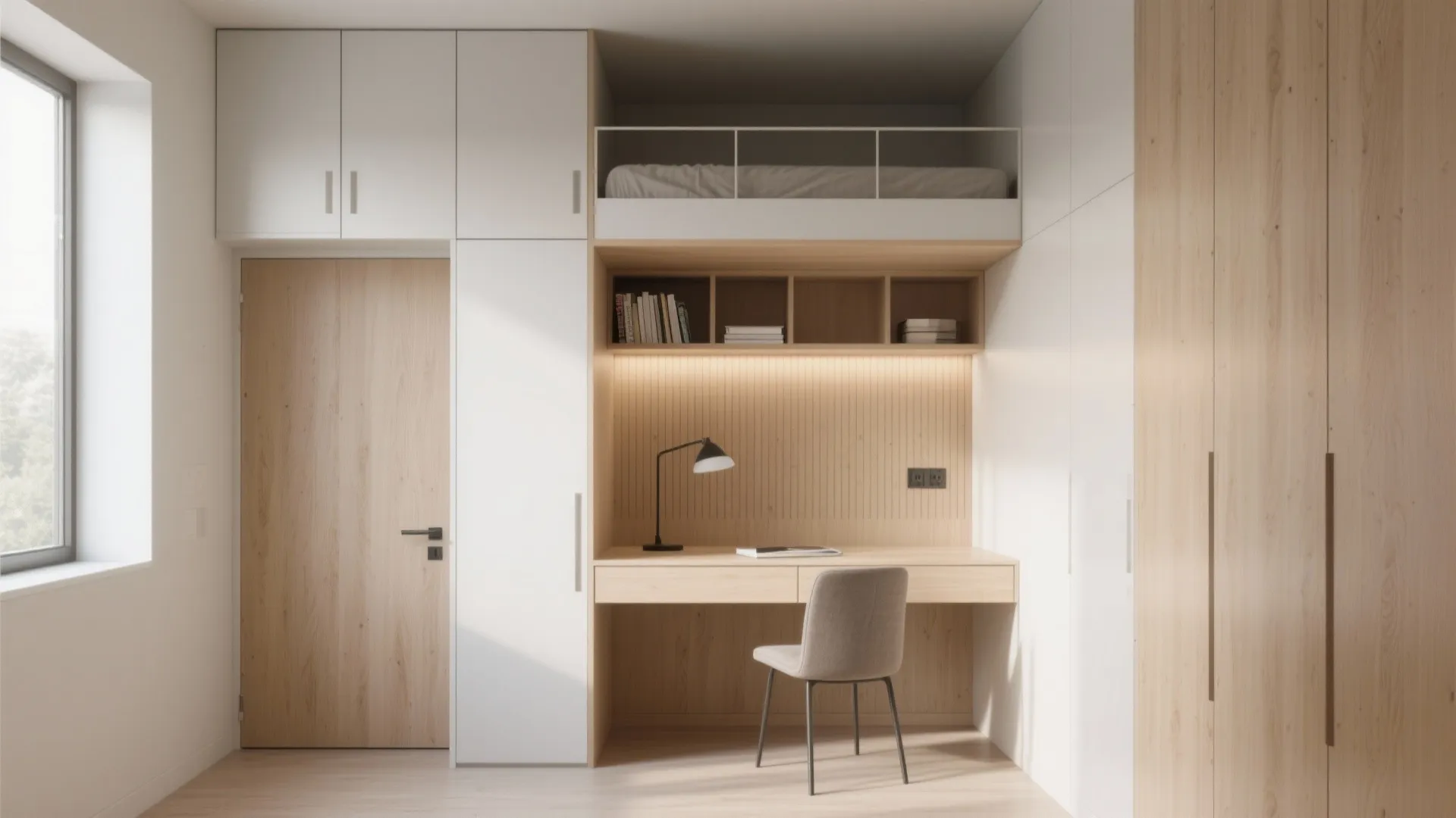 Modern small room with overhead loft bed wooden desk grey chair and white storage cabinets