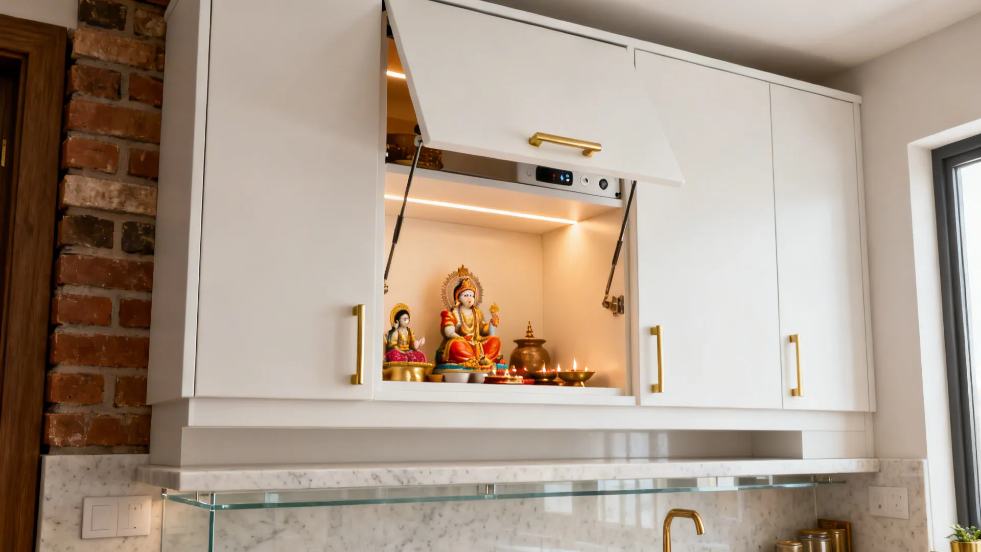Overhead cabinet mandir with lift-up door and warm LED keeping counters clear.