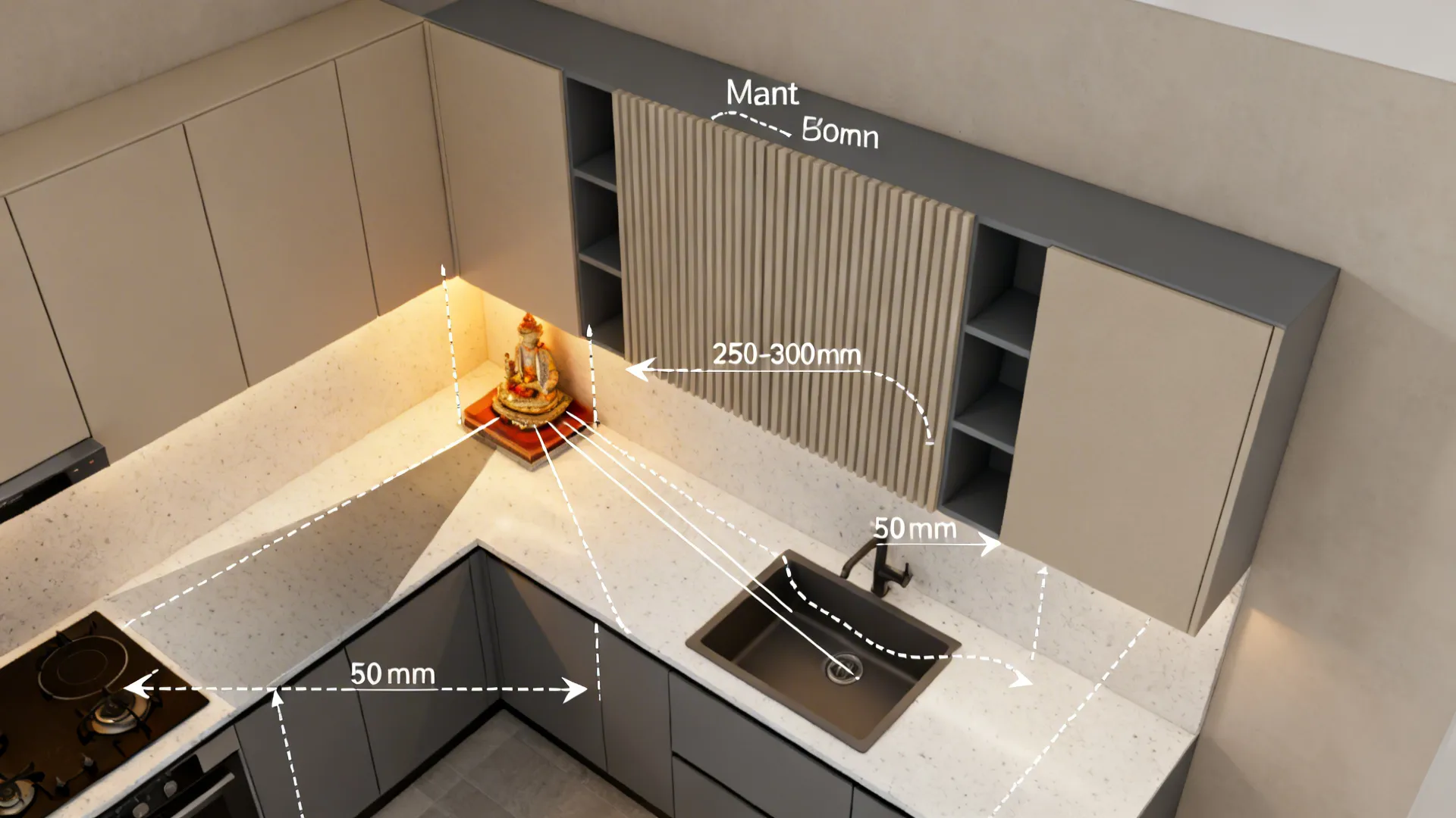 Top-down visualization showing an overhead mandir cabinet and safe clearances in a small kitchen.