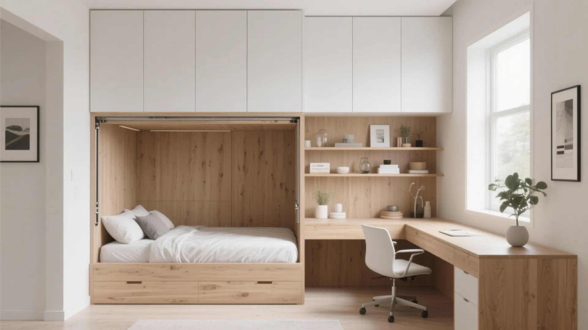 Murphy bed with overhead cabinets and work desk in modern style