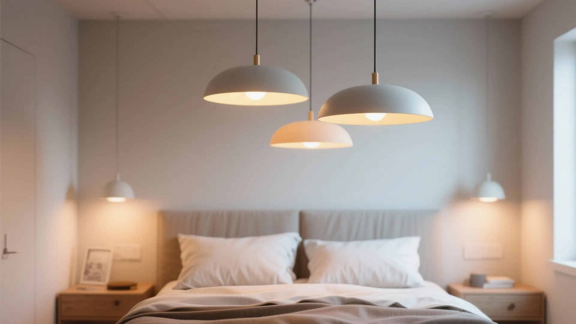 Three round grey ceiling lights hanging above a bed with white pillows in cozy bedroom
