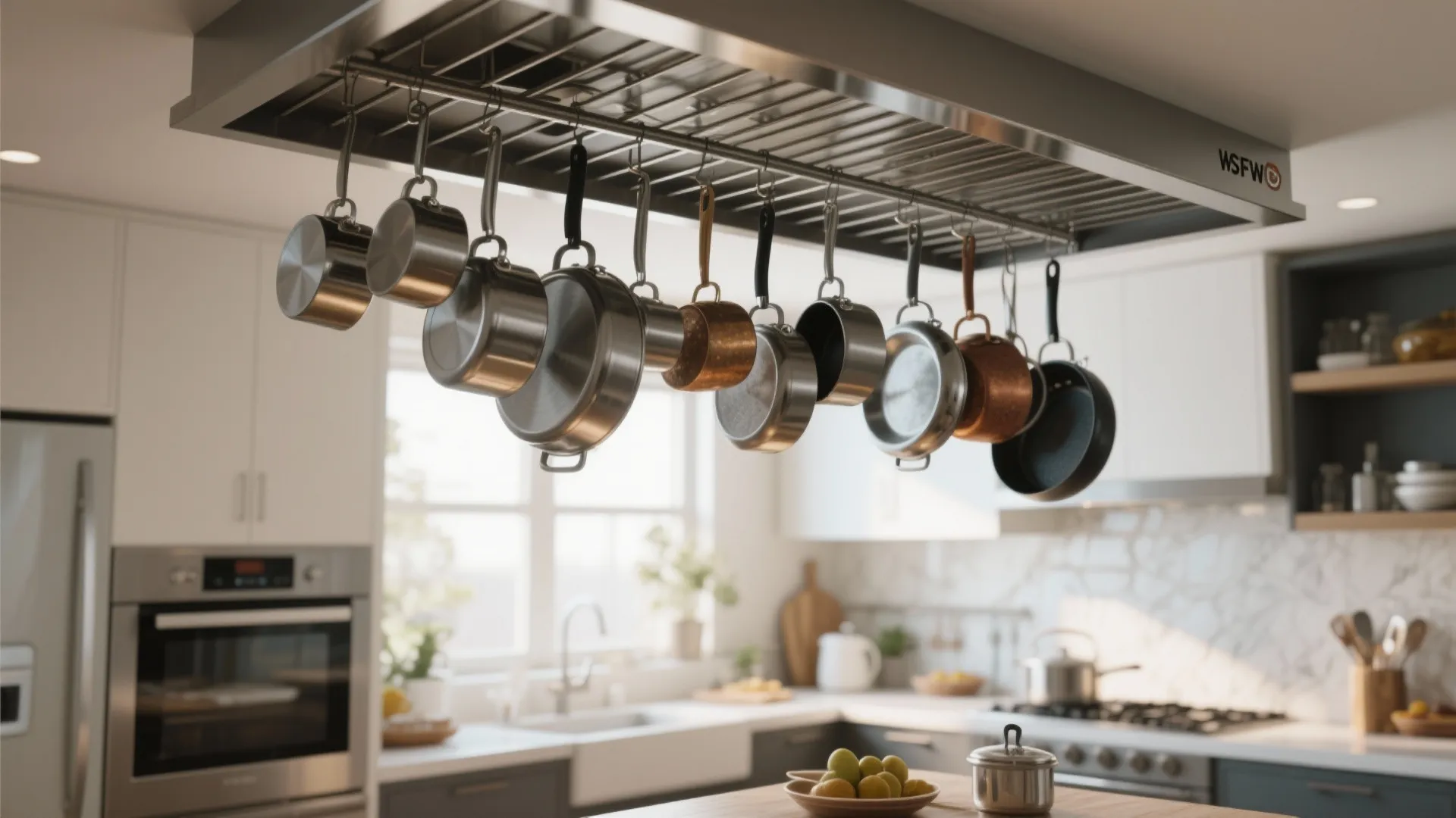 Modern kitchen with metal hanging rack holding various stainless steel pots and pans above counter